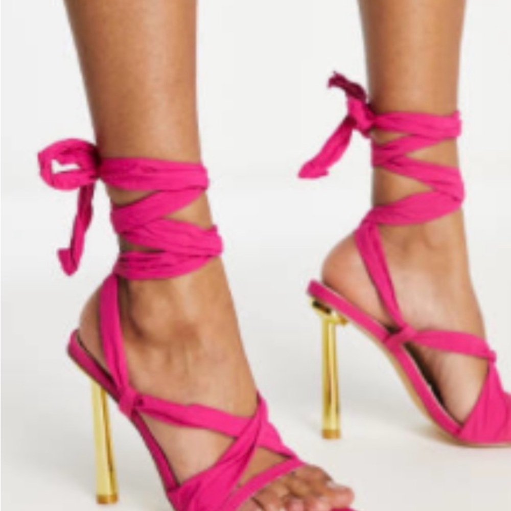 EGO Hot Pink Once Upon Wrap-Strap Stiletto Sandals with Gold Heel